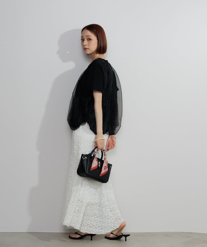 【SET】スカラップヘムレースドッキングTシャツ+ブークレメロウフレアスカート(2set)