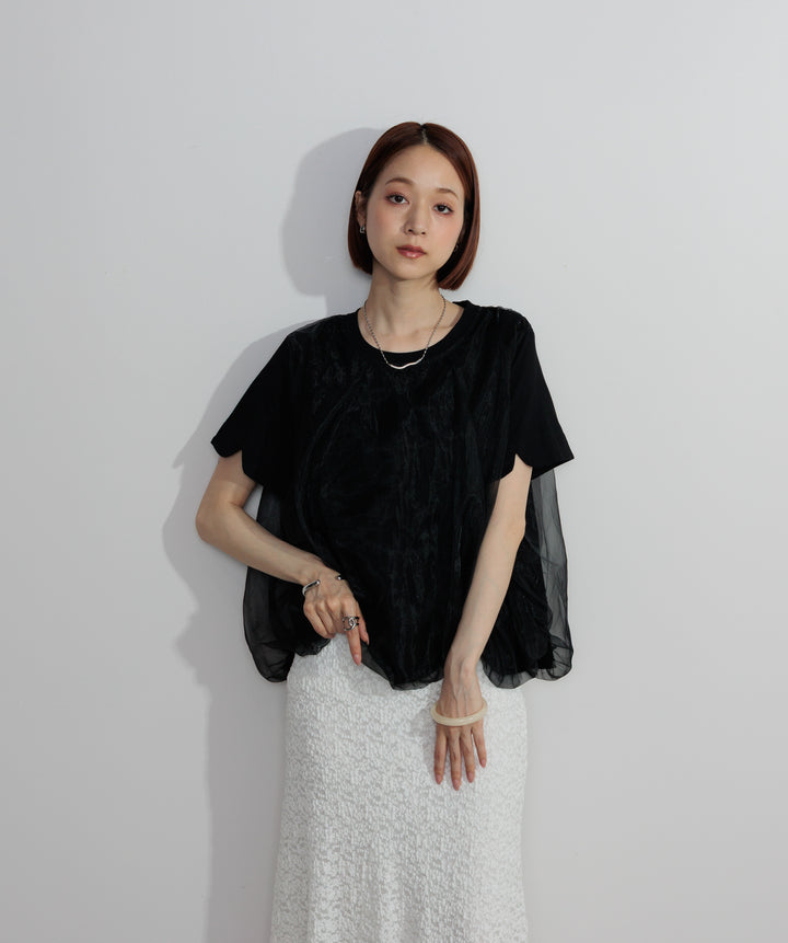 【SET】スカラップヘムレースドッキングTシャツ+ブークレメロウフレアスカート(2set)