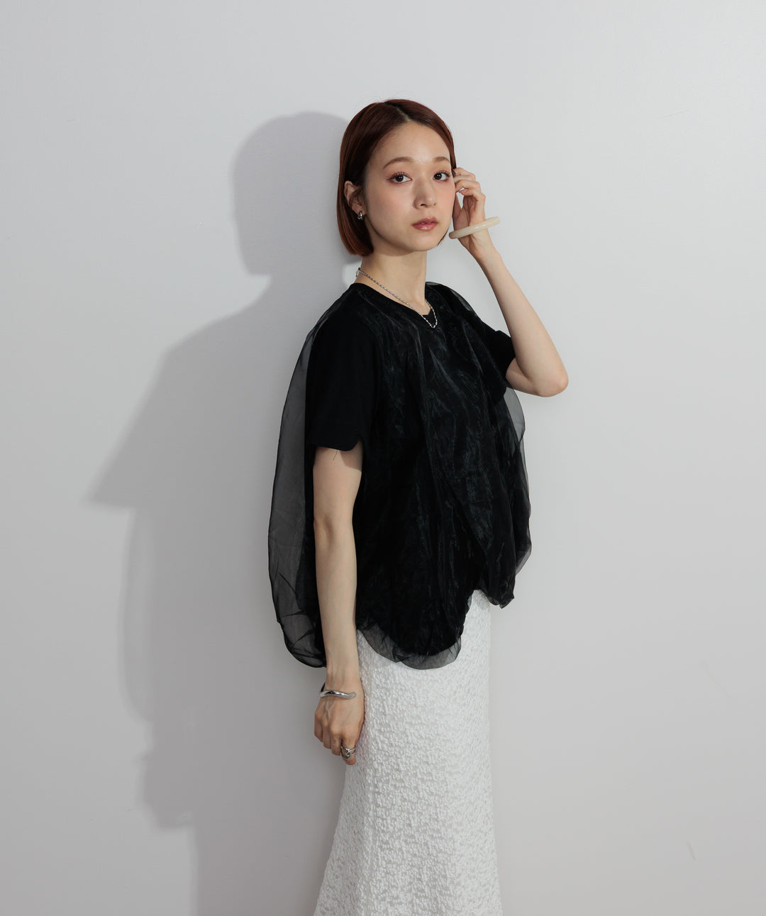 【SET】スカラップヘムレースドッキングTシャツ+ブークレメロウフレアスカート(2set)