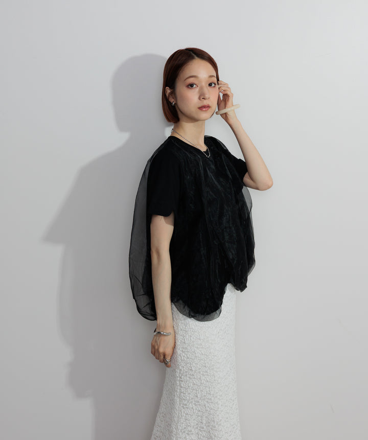 【SET】スカラップヘムレースドッキングTシャツ+ブークレメロウフレアスカート(2set)