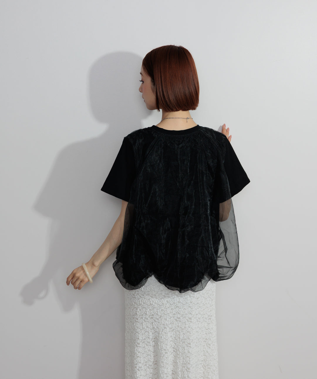 【SET】スカラップヘムレースドッキングTシャツ+ブークレメロウフレアスカート(2set)
