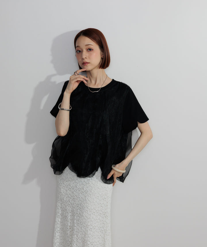 【SET】スカラップヘムレースドッキングTシャツ+ブークレメロウフレアスカート(2set)