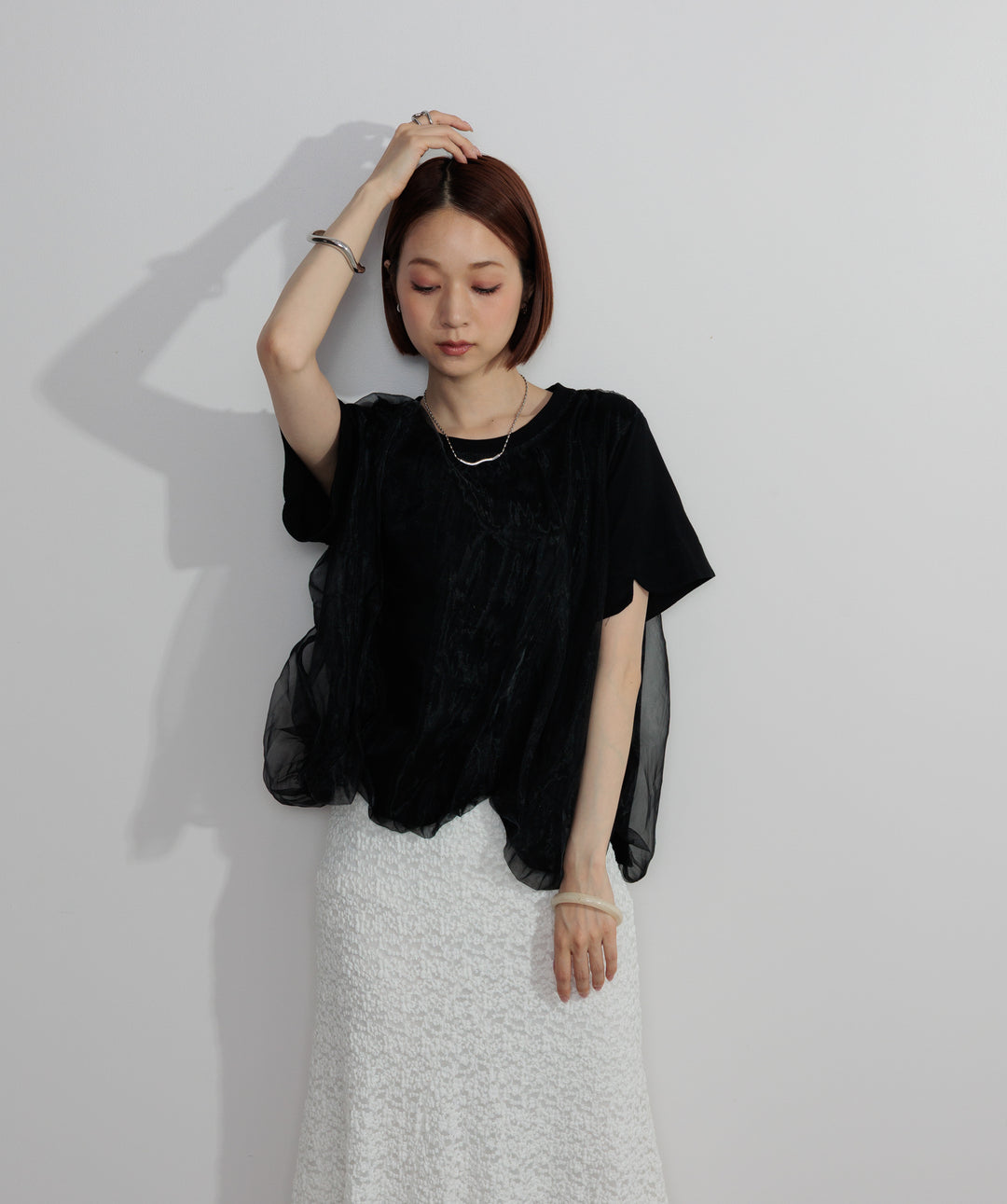 【SET】スカラップヘムレースドッキングTシャツ+ブークレメロウフレアスカート(2set)
