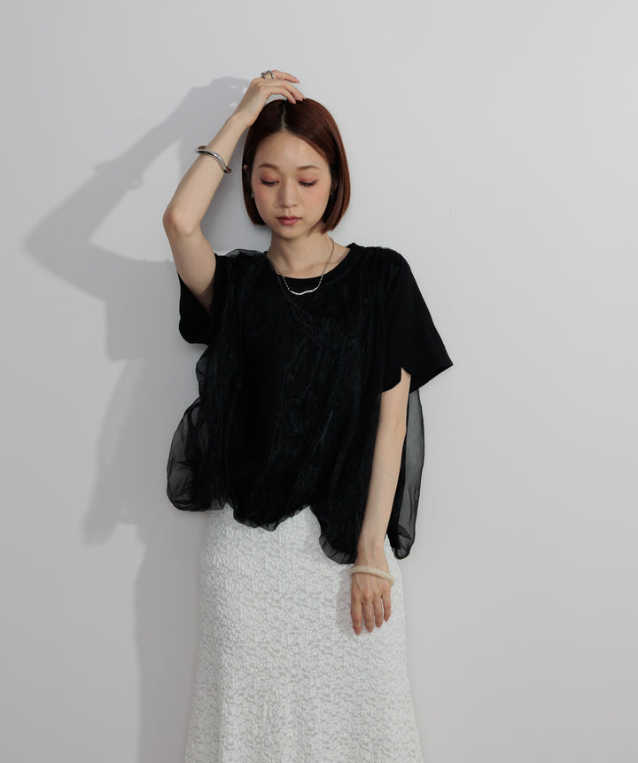 【SET】スカラップヘムレースドッキングTシャツ+ブークレメロウフレアスカート(2set)