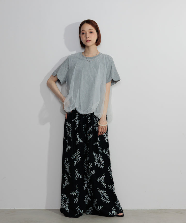 【SET】スカラップヘムレースドッキングTシャツ+ボタニカルワイドパンツ(2set)
