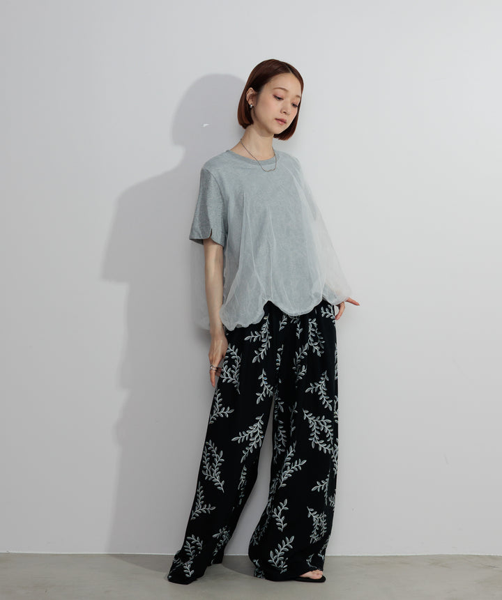 【SET】スカラップヘムレースドッキングTシャツ+ボタニカルワイドパンツ(2set)