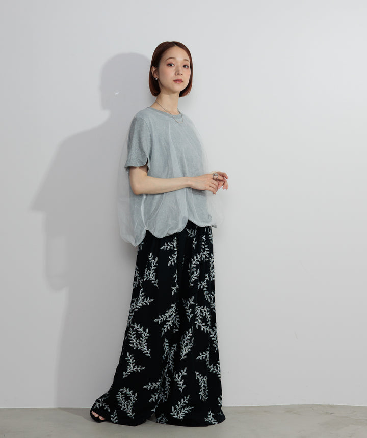 【SET】スカラップヘムレースドッキングTシャツ+ボタニカルワイドパンツ(2set)