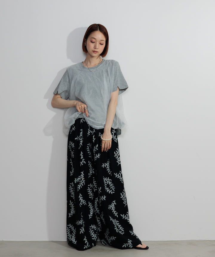 【SET】スカラップヘムレースドッキングTシャツ+ボタニカルワイドパンツ(2set)