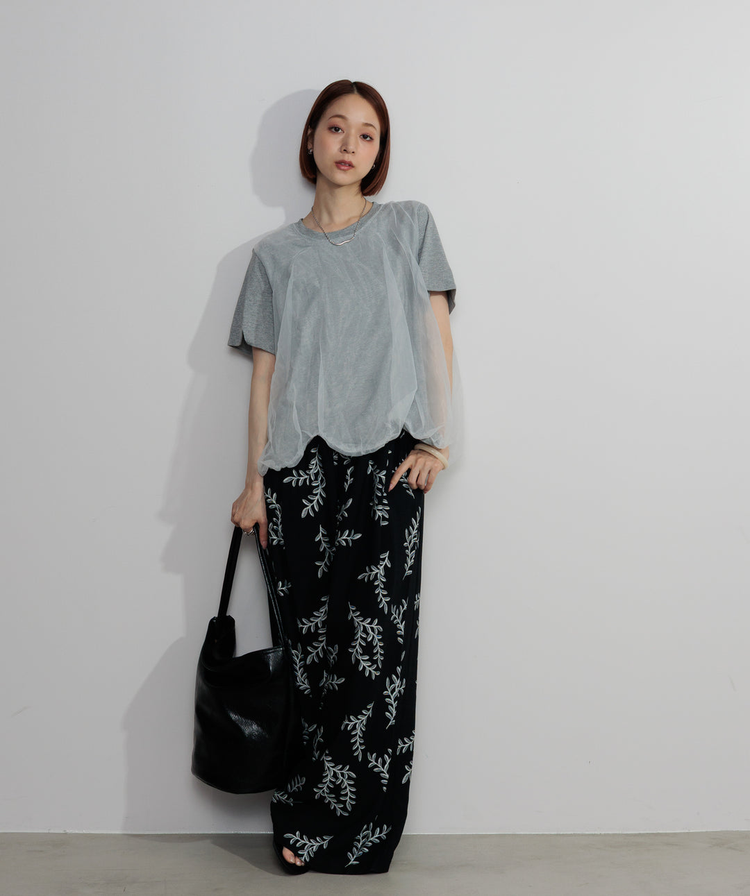 【SET】スカラップヘムレースドッキングTシャツ+ボタニカルワイドパンツ(2set)