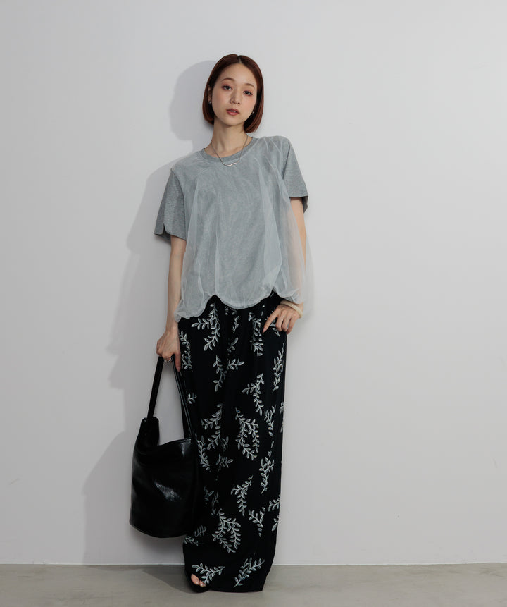 【SET】スカラップヘムレースドッキングTシャツ+ボタニカルワイドパンツ(2set)