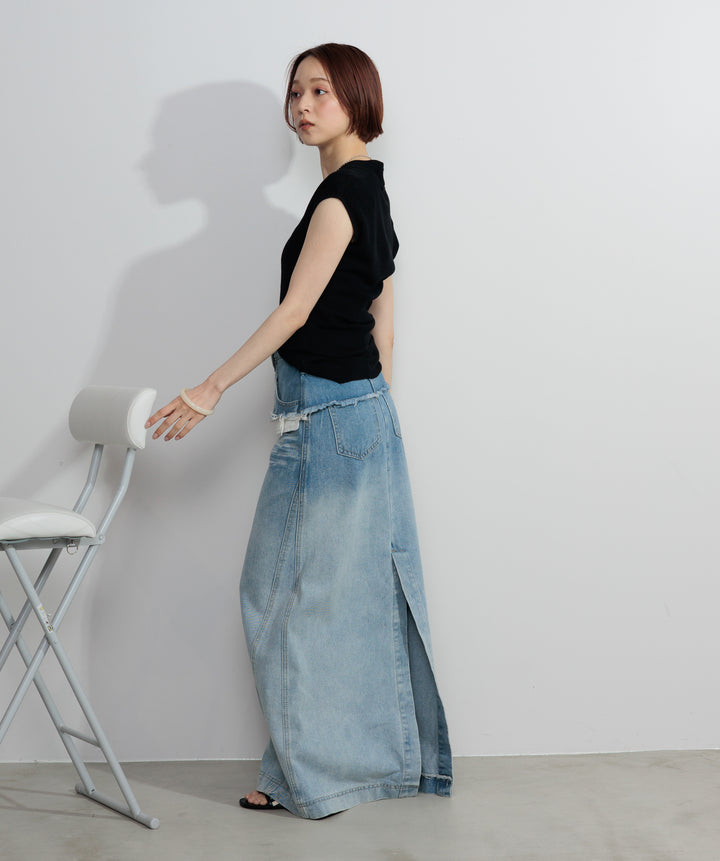【SET】シアーVネックリブトップス+レイヤードデニムロングスカート(2set)