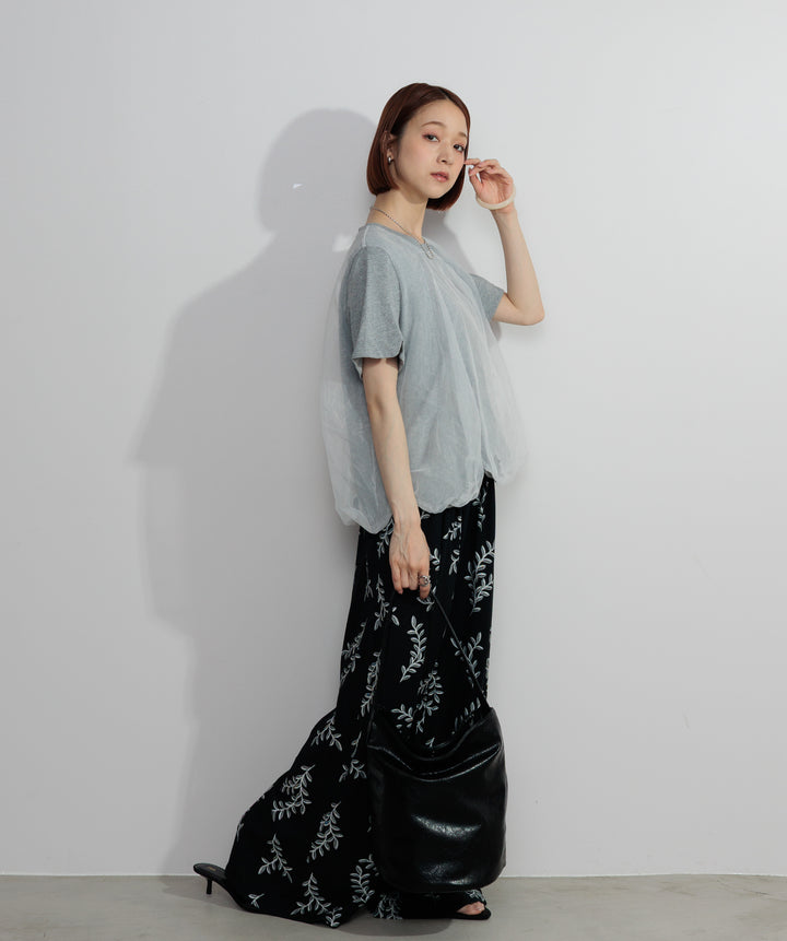 【SET】スカラップヘムレースドッキングTシャツ+ボタニカルワイドパンツ(2set)