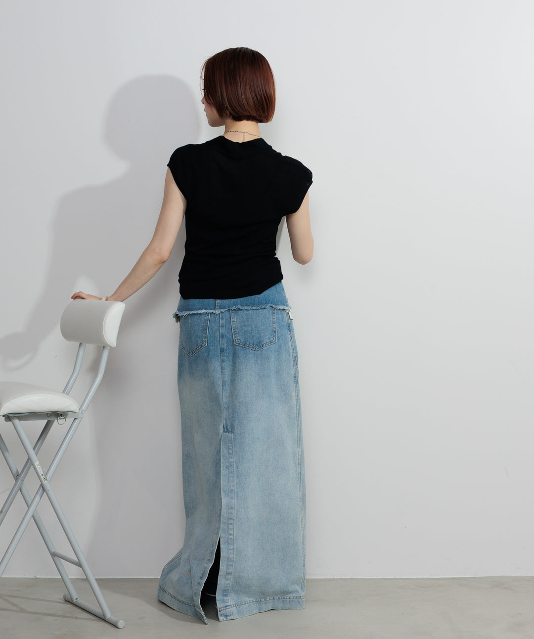 【SET】シアーVネックリブトップス+レイヤードデニムロングスカート(2set)