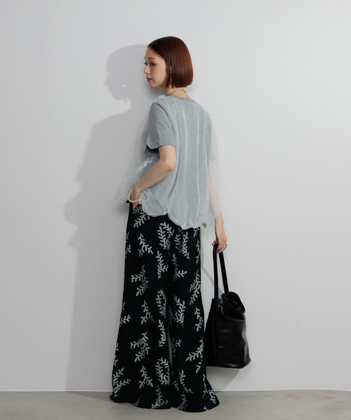 【SET】スカラップヘムレースドッキングTシャツ+ボタニカルワイドパンツ(2set)