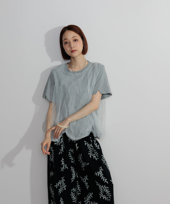 【SET】スカラップヘムレースドッキングTシャツ+ボタニカルワイドパンツ(2set)
