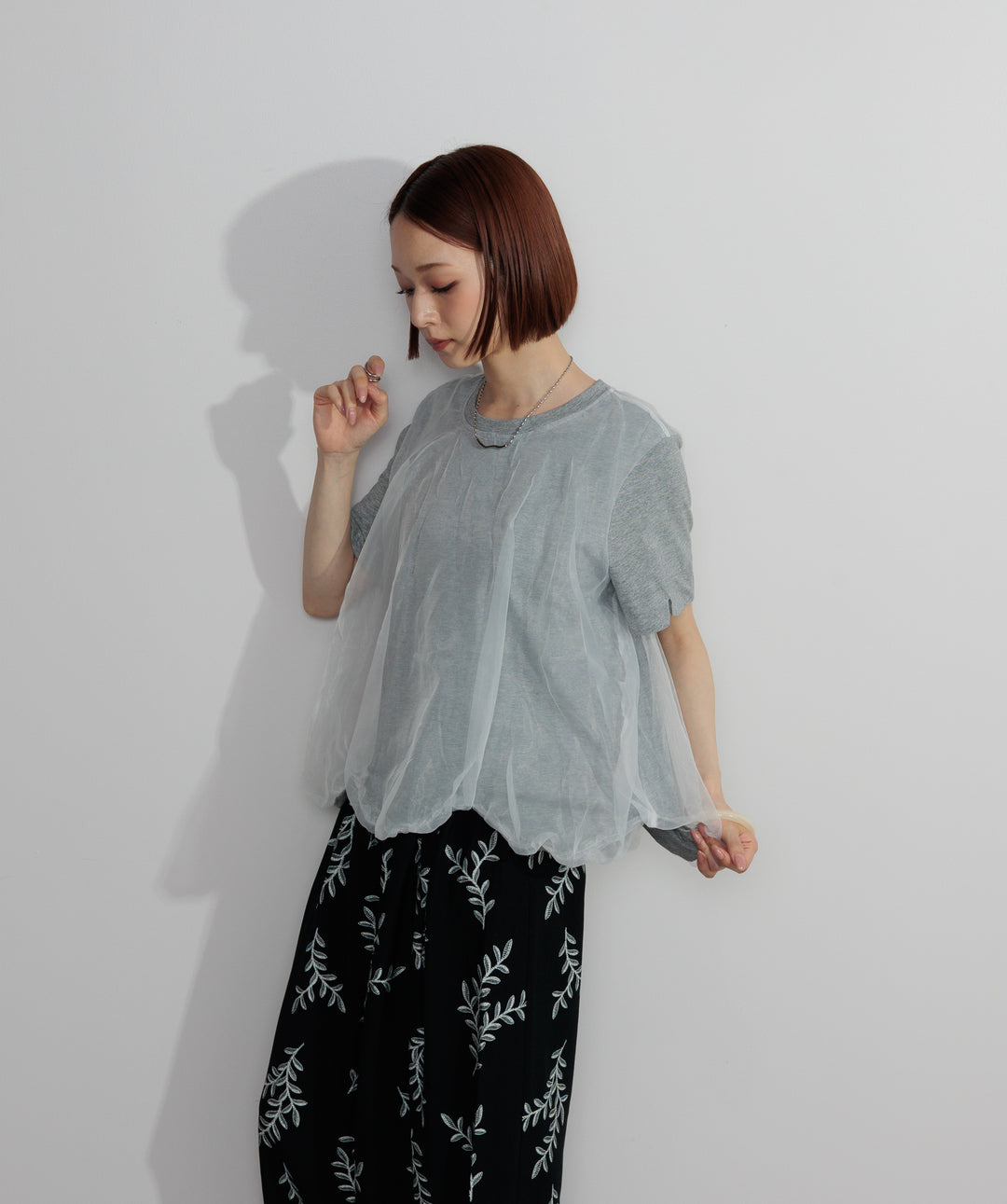 【SET】スカラップヘムレースドッキングTシャツ+ボタニカルワイドパンツ(2set)