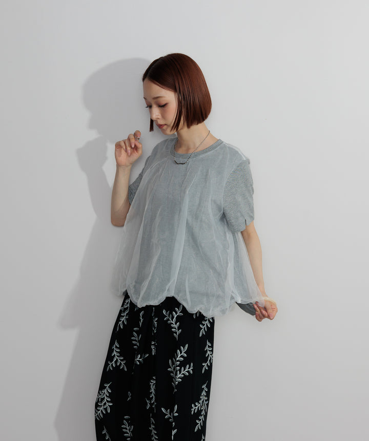 【SET】スカラップヘムレースドッキングTシャツ+ボタニカルワイドパンツ(2set)