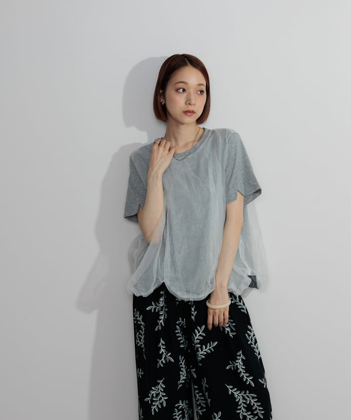 【SET】スカラップヘムレースドッキングTシャツ+ボタニカルワイドパンツ(2set)