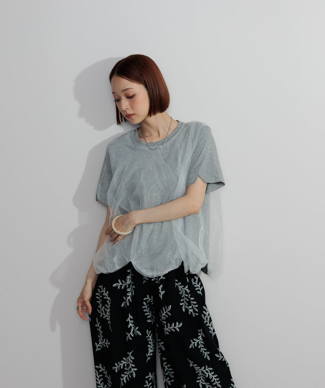 【SET】スカラップヘムレースドッキングTシャツ+ボタニカルワイドパンツ(2set)