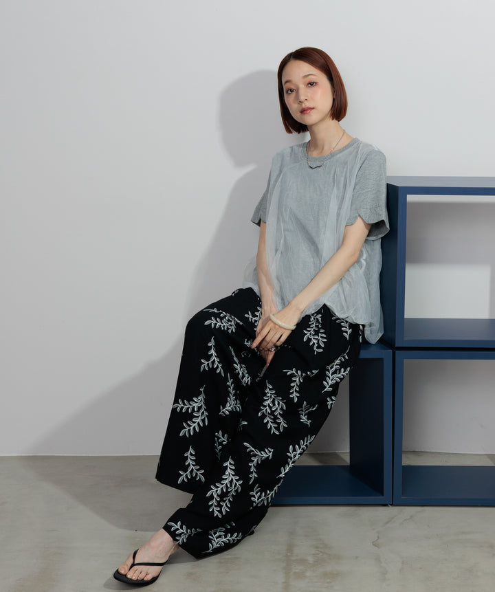 【SET】スカラップヘムレースドッキングTシャツ+ボタニカルワイドパンツ(2set)