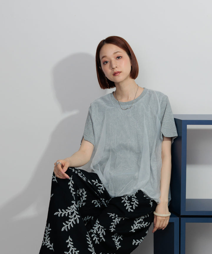 【SET】スカラップヘムレースドッキングTシャツ+ボタニカルワイドパンツ(2set)