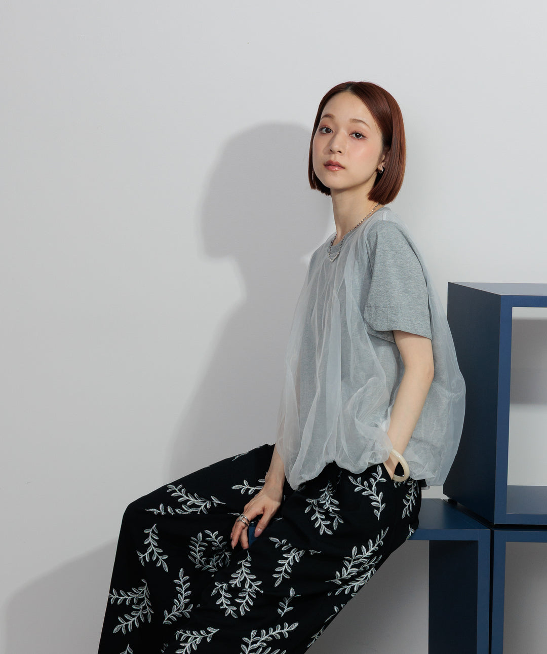 【SET】スカラップヘムレースドッキングTシャツ+ボタニカルワイドパンツ(2set)