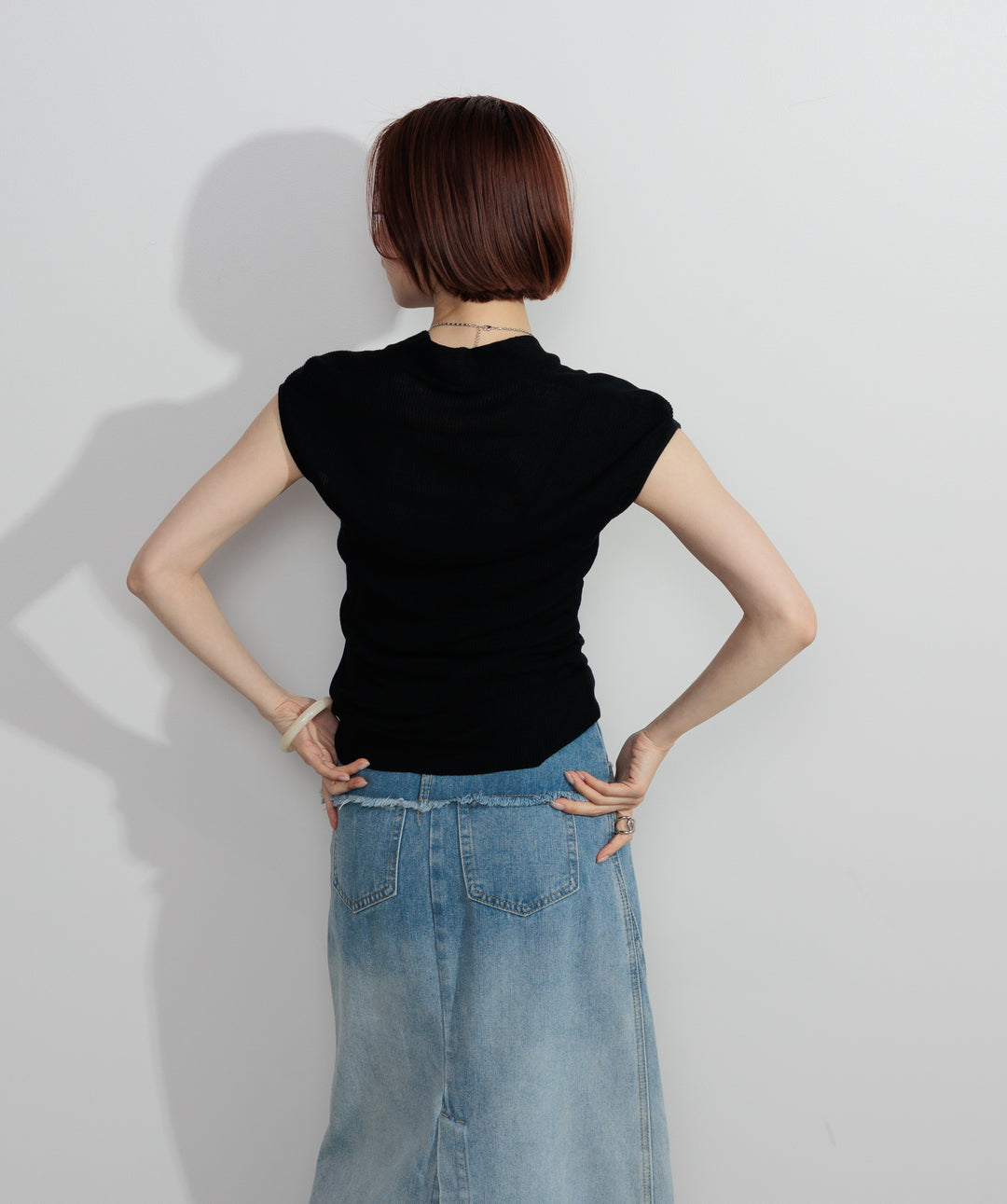 【SET】シアーVネックリブトップス+レイヤードデニムロングスカート(2set)