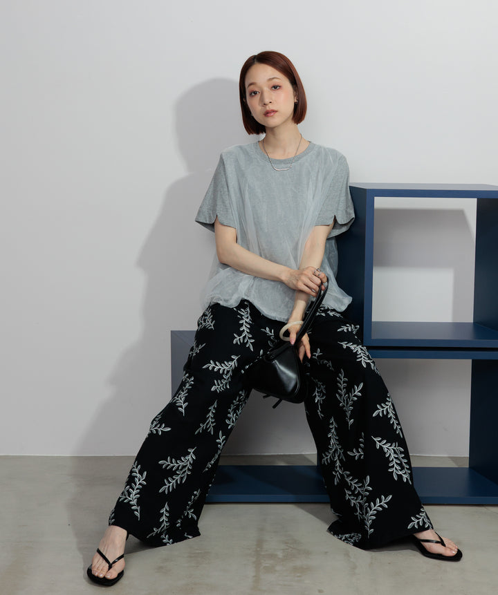 【SET】スカラップヘムレースドッキングTシャツ+ボタニカルワイドパンツ(2set)