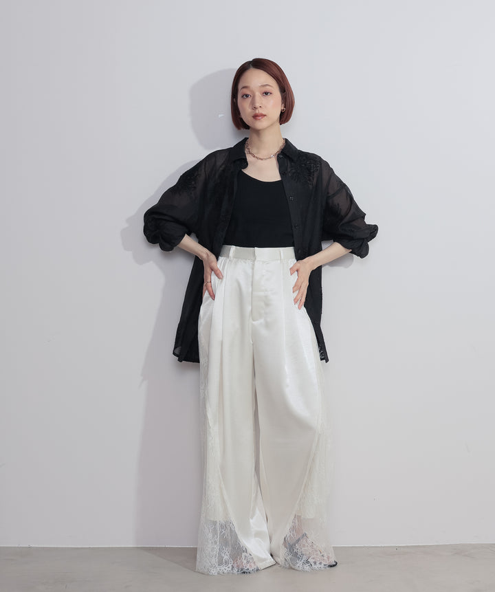 【SET】フラワー刺繍シアーシャツ+サテンxレースタックパンツ(2set)