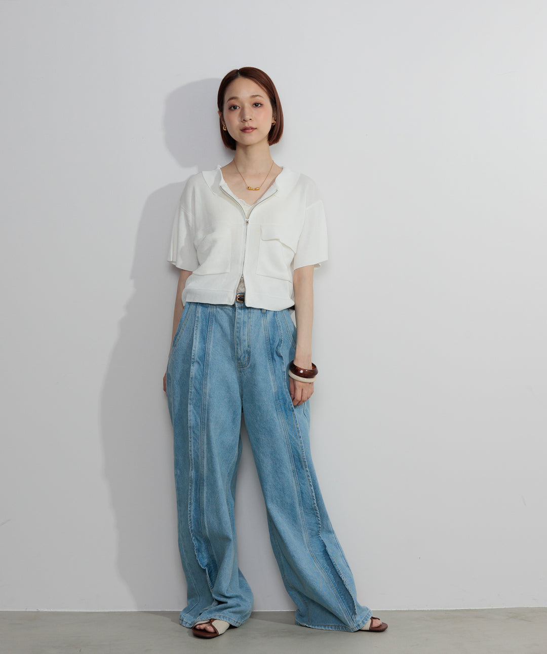 【SET】クロップドジップニットカーディガン+フリルウェーブデニムパンツ(2set)