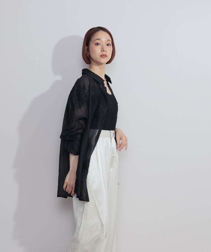 【SET】フラワー刺繍シアーシャツ+サテンxレースタックパンツ(2set)
