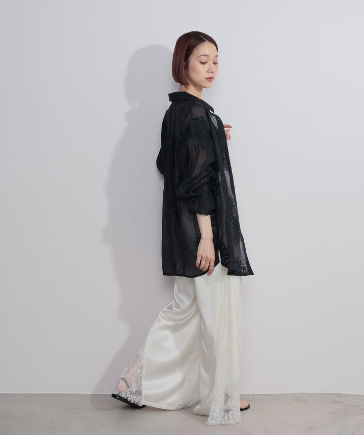 【SET】フラワー刺繍シアーシャツ+サテンxレースタックパンツ(2set)