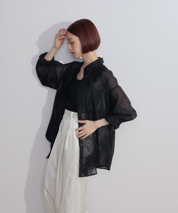 【SET】フラワー刺繍シアーシャツ+サテンxレースタックパンツ(2set)