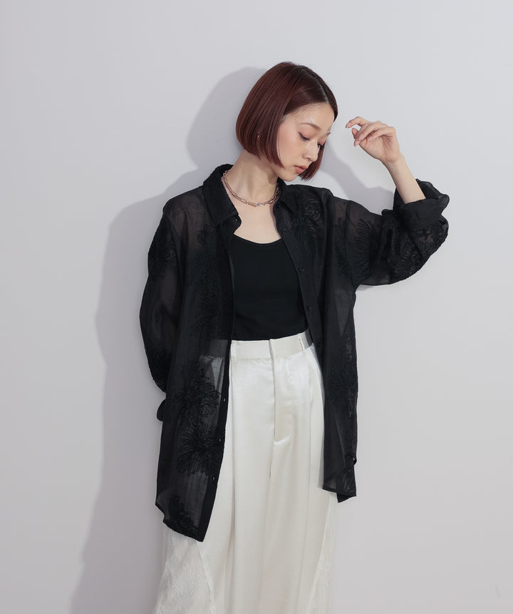 【SET】フラワー刺繍シアーシャツ+サテンxレースタックパンツ(2set)