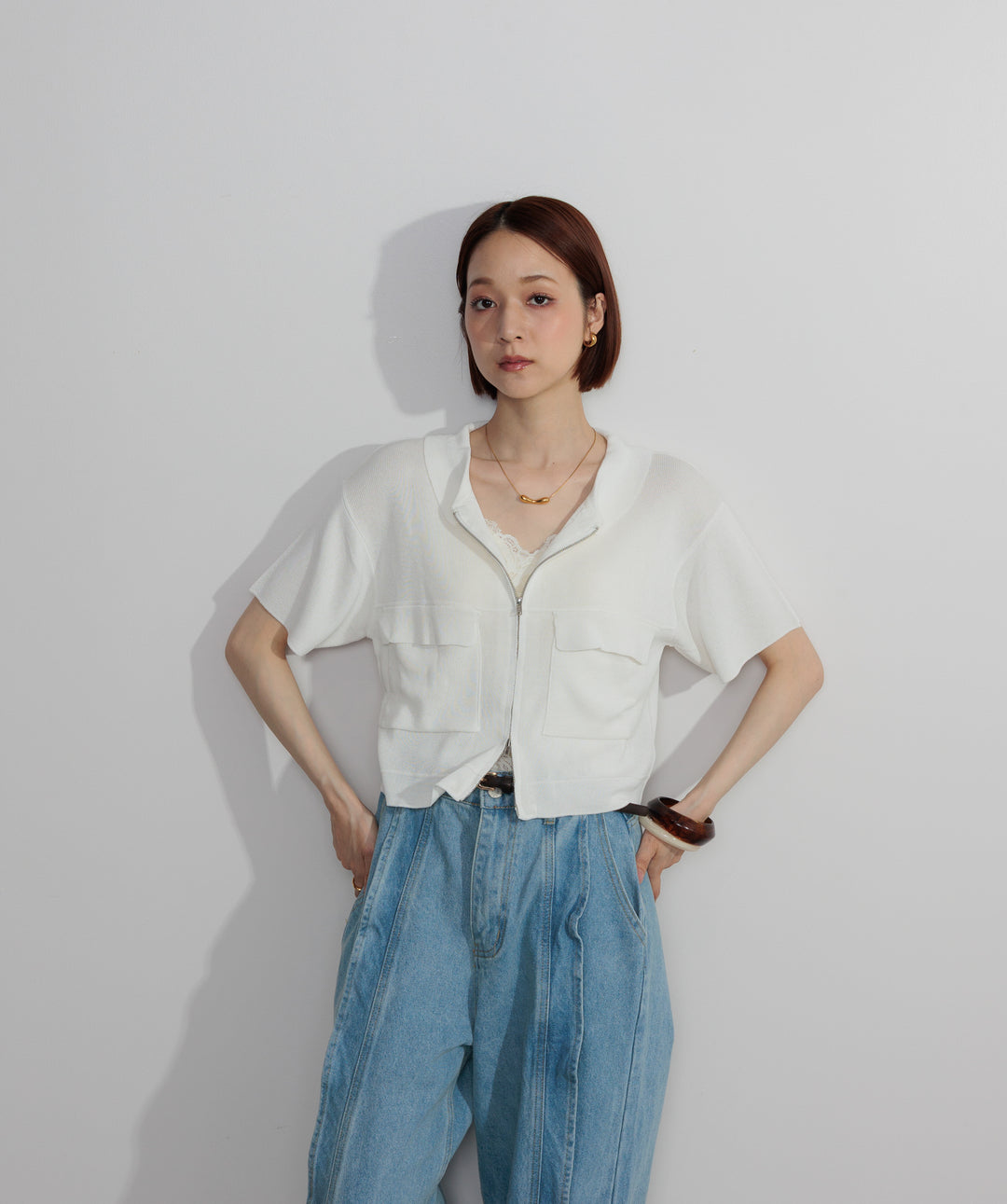 【SET】クロップドジップニットカーディガン+フリルウェーブデニムパンツ(2set)