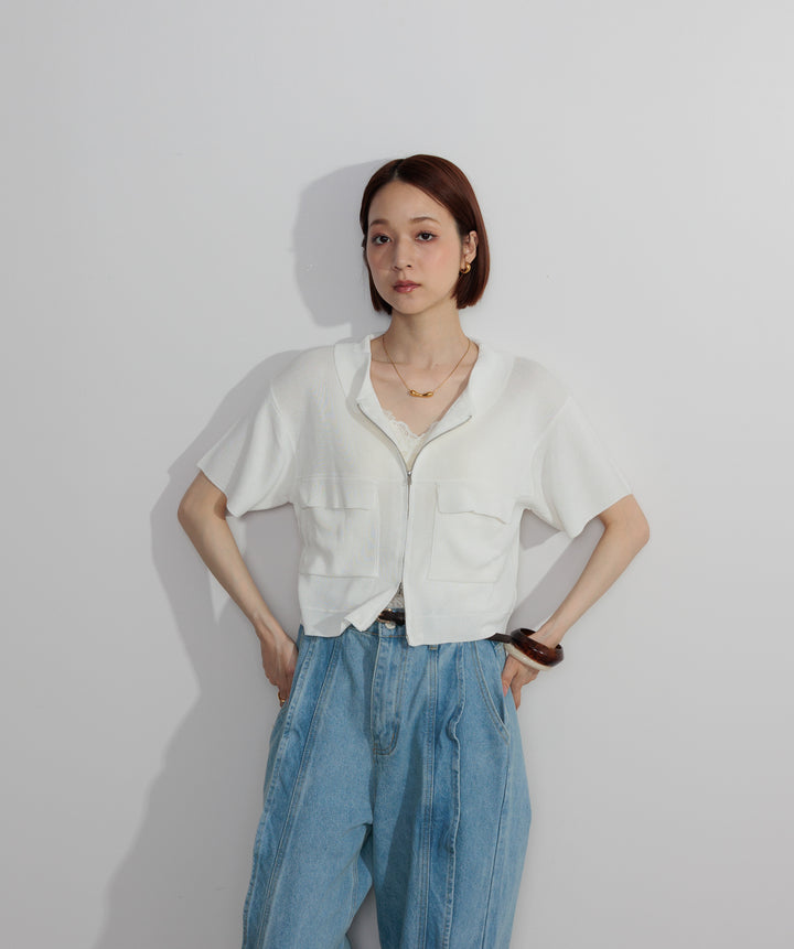 【SET】クロップドジップニットカーディガン+フリルウェーブデニムパンツ(2set)