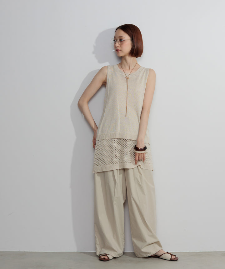 【SET】ニットタンク×メッシュラップスカートセット+タックデザインドロストパンツ(2set)