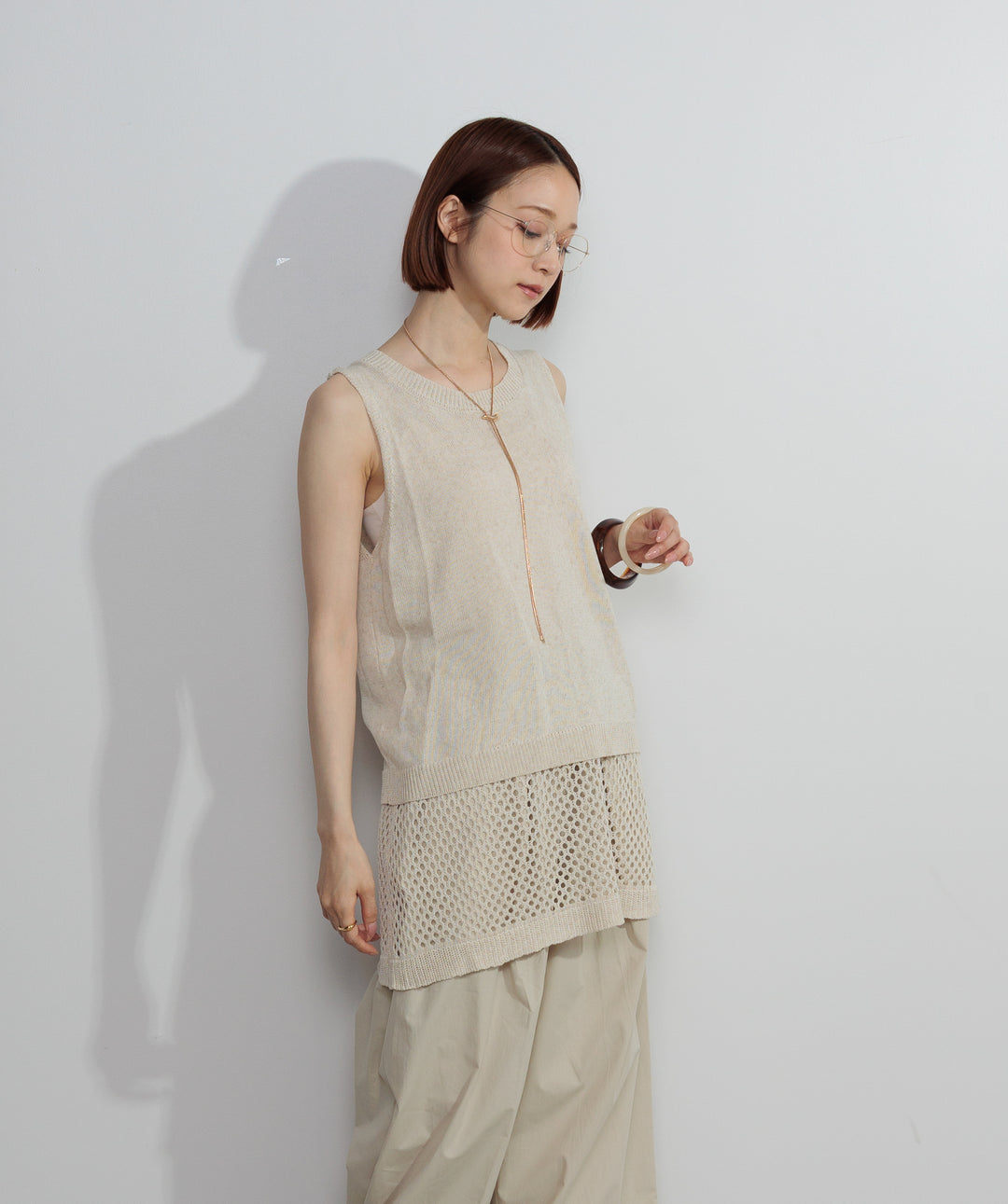 【SET】ニットタンク×メッシュラップスカートセット+タックデザインドロストパンツ(2set)