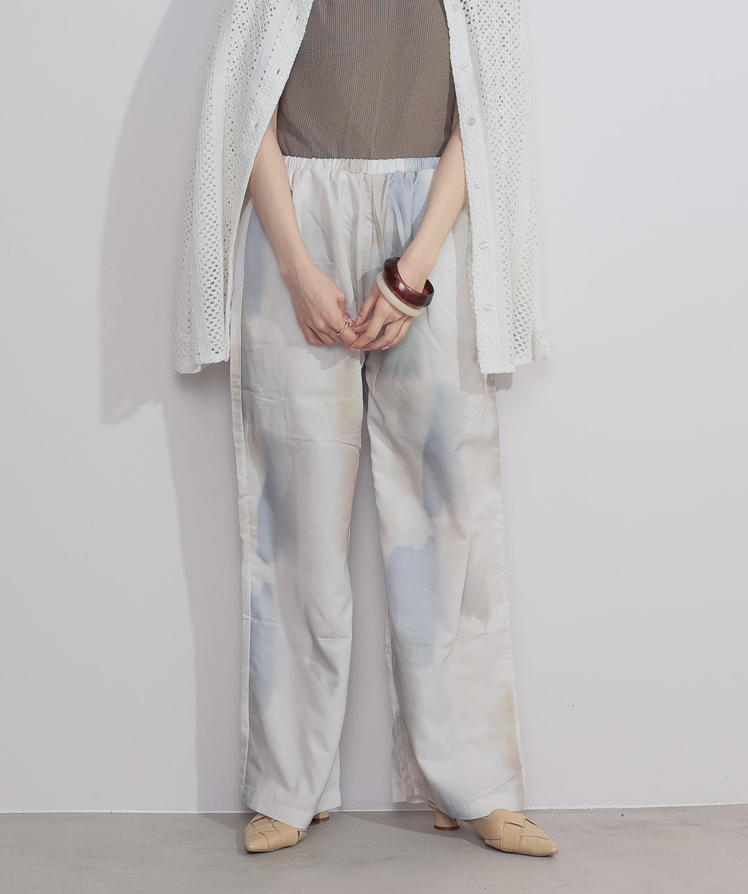 【SET】クロシェレースシャツ+シアーVネックリブトップス+水彩総柄シアーパンツ(3set)