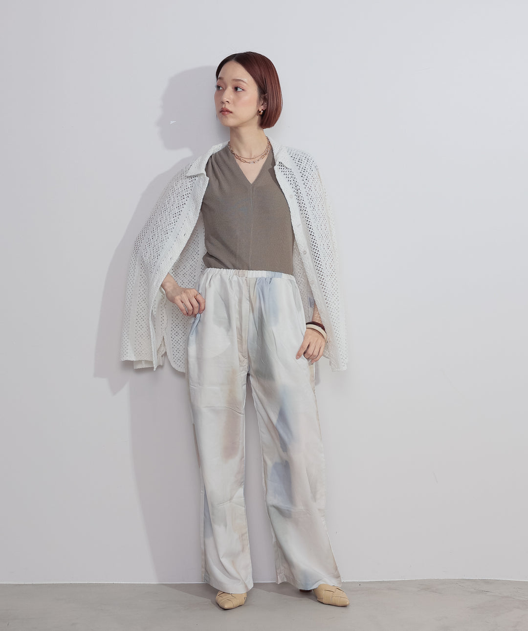 【SET】クロシェレースシャツ+シアーVネックリブトップス+水彩総柄シアーパンツ(3set)