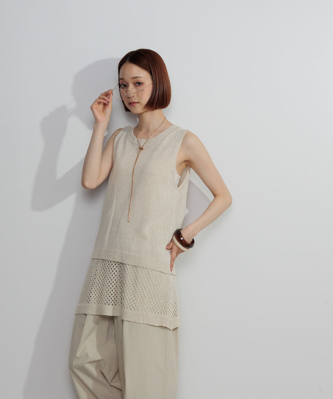 【SET】ニットタンク×メッシュラップスカートセット+タックデザインドロストパンツ(2set)