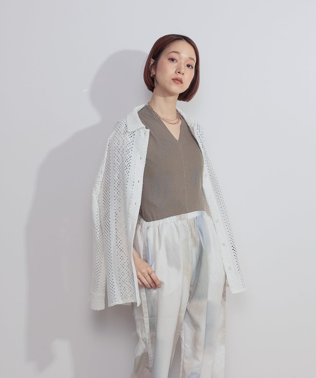 【SET】クロシェレースシャツ+シアーVネックリブトップス+水彩総柄シアーパンツ(3set)