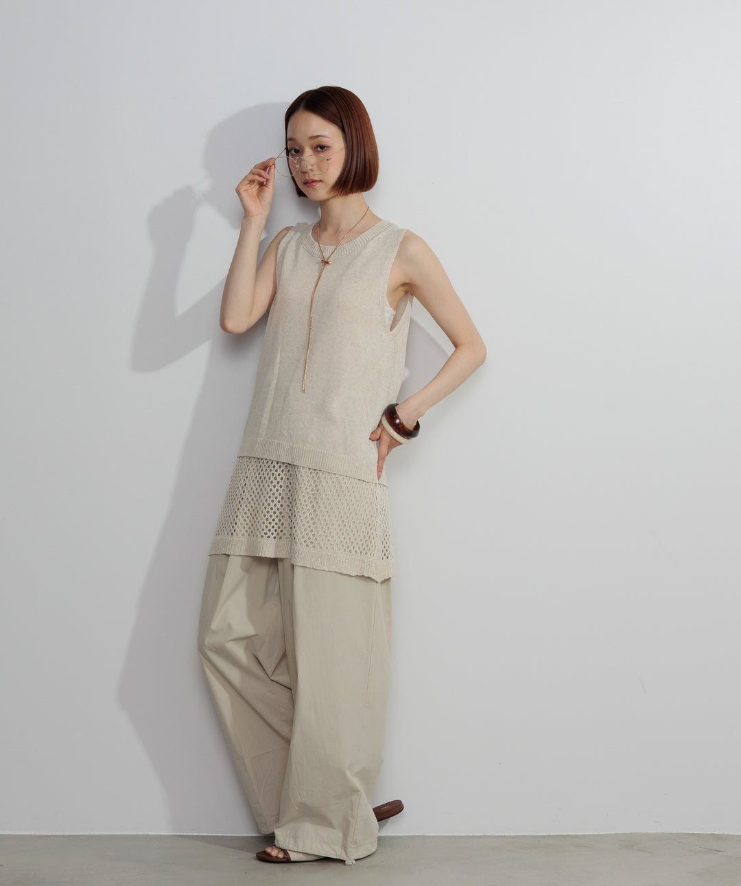 【SET】ニットタンク×メッシュラップスカートセット+タックデザインドロストパンツ(2set)