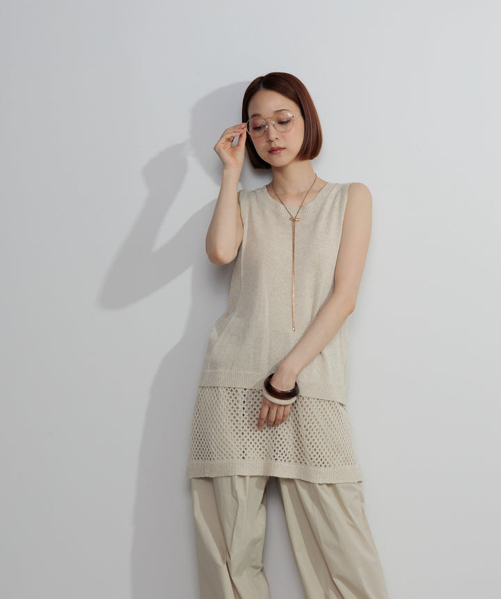 【SET】ニットタンク×メッシュラップスカートセット+タックデザインドロストパンツ(2set)
