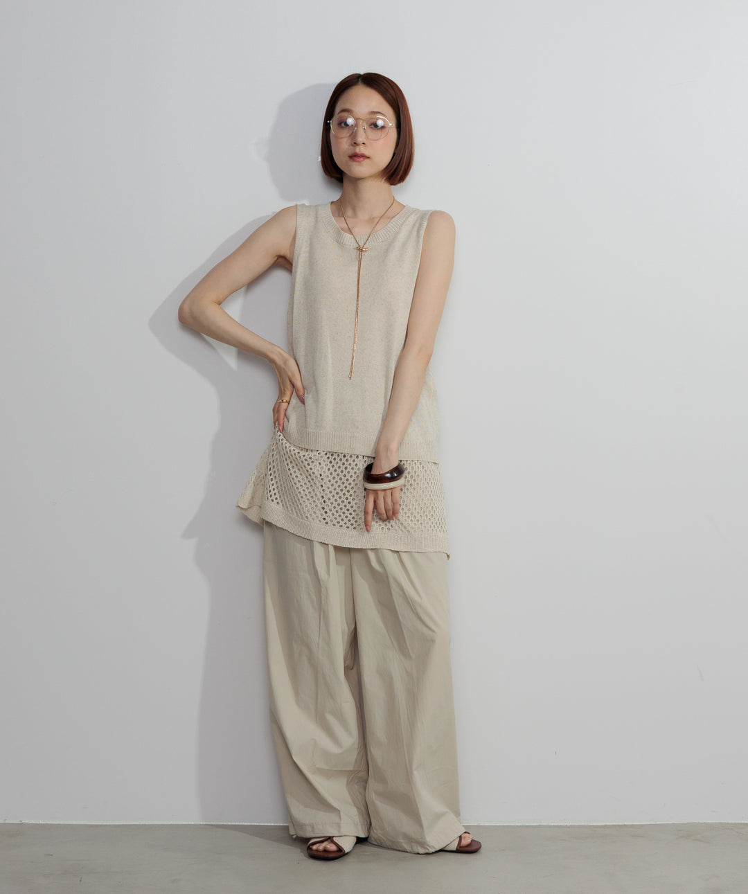 【SET】ニットタンク×メッシュラップスカートセット+タックデザインドロストパンツ(2set)