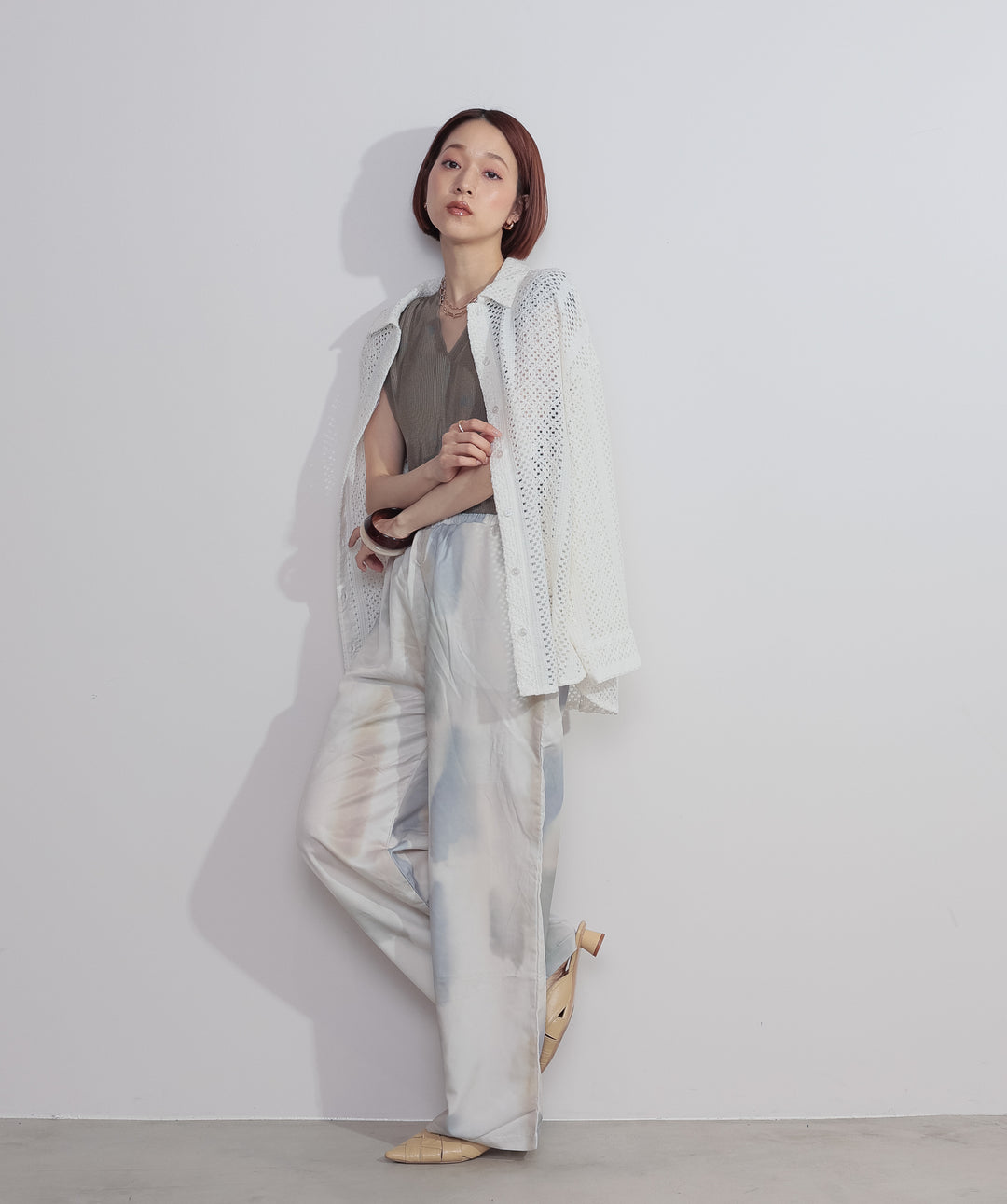 【SET】クロシェレースシャツ+シアーVネックリブトップス+水彩総柄シアーパンツ(3set)