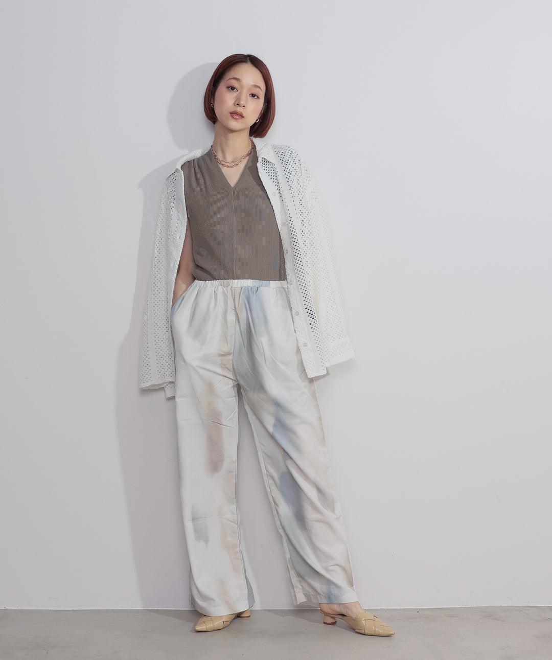 【SET】クロシェレースシャツ+シアーVネックリブトップス+水彩総柄シアーパンツ(3set)