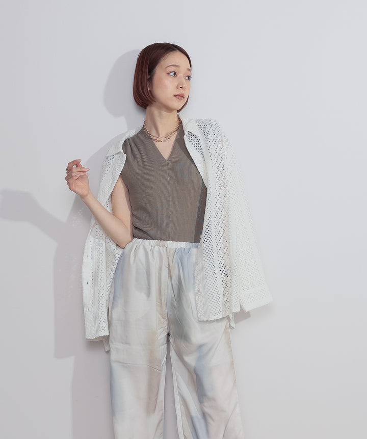 【SET】クロシェレースシャツ+シアーVネックリブトップス+水彩総柄シアーパンツ(3set)