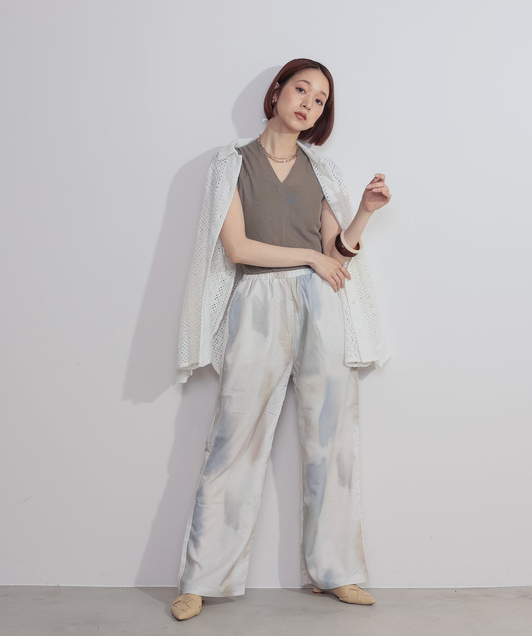 【SET】クロシェレースシャツ+シアーVネックリブトップス+水彩総柄シアーパンツ(3set)