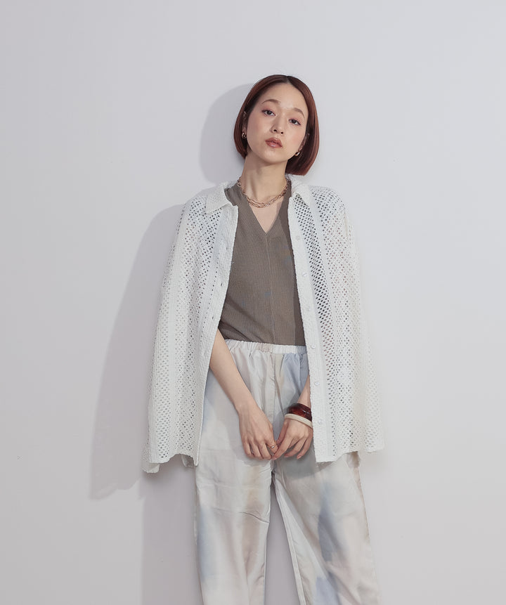 【SET】クロシェレースシャツ+シアーVネックリブトップス+水彩総柄シアーパンツ(3set)